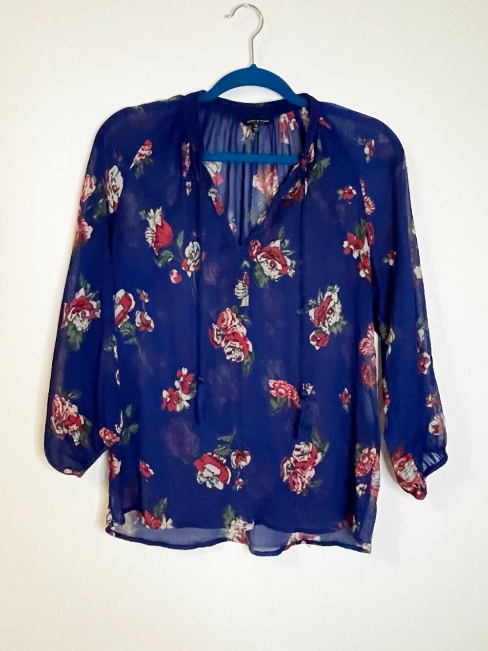 Lucky Brand Blue Floral Sheer Blouse Women’s Small Boho Peasant Top Lightweight
